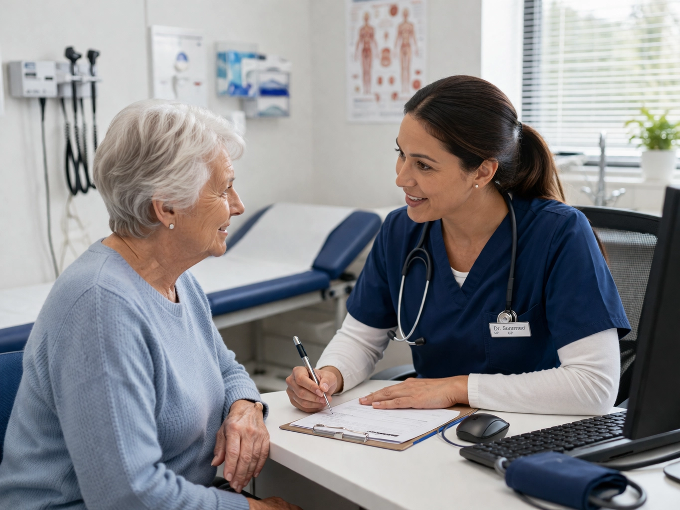 GP consulting an elderly patient in a calm setting